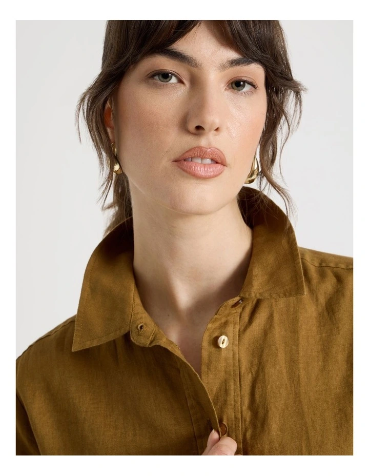 Long Sleeve Linen Shirt in Khaki image 3