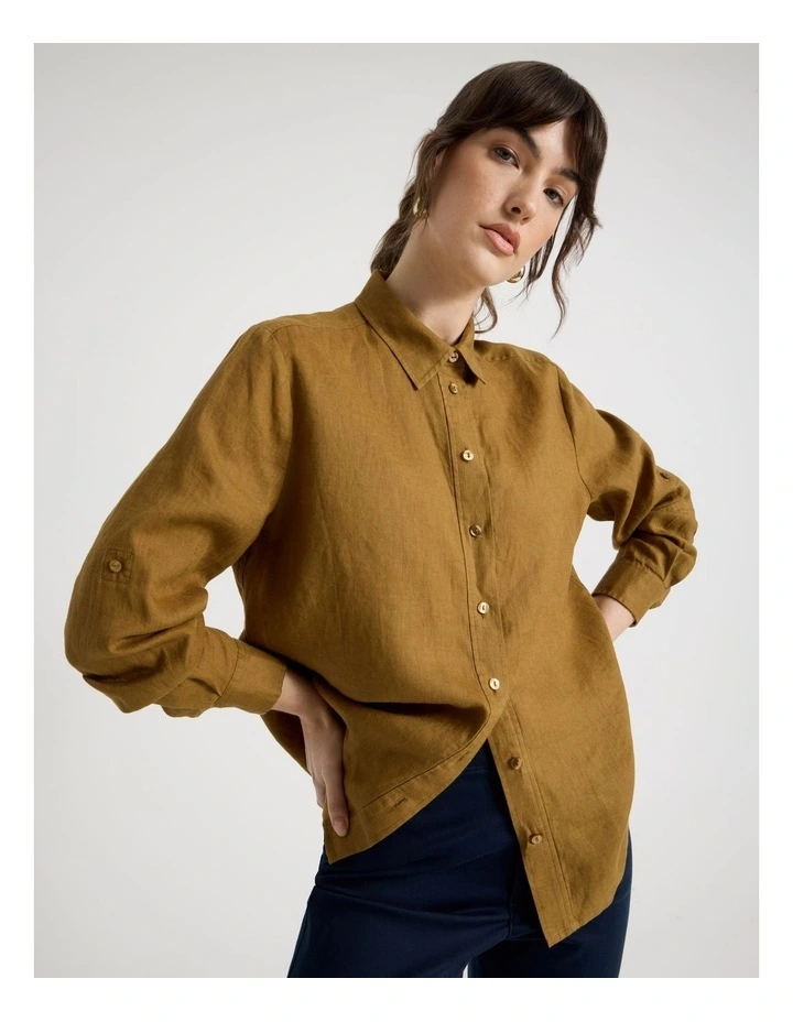 Long Sleeve Linen Shirt in Khaki image 4