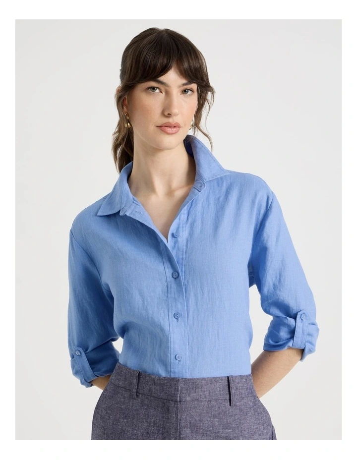 Long Sleeve Linen Shirt in Light Blue image 3