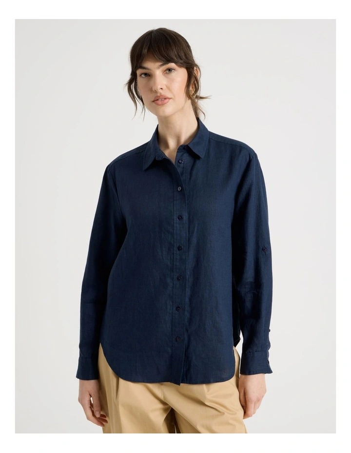 Long Sleeve Linen Shirt in Navy image 5
