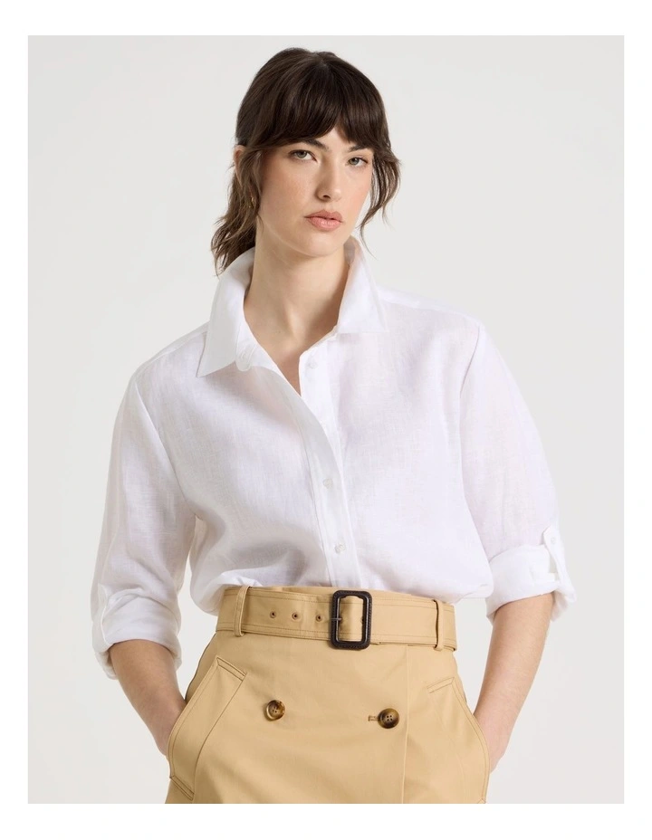 Long Sleeve Linen Shirt in White image 3