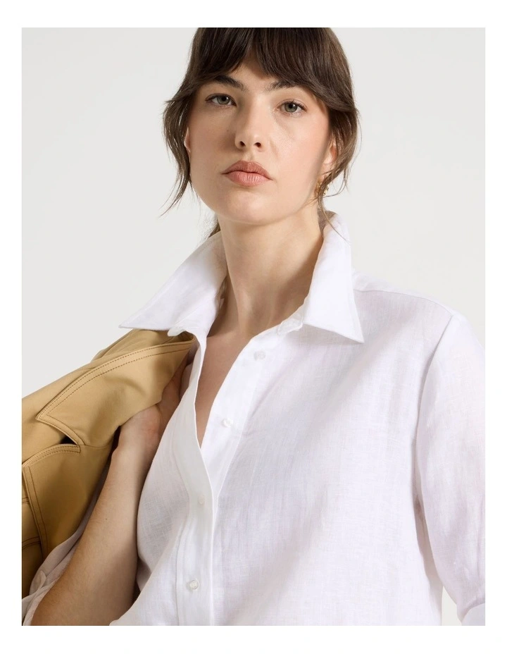 Long Sleeve Linen Shirt in White image 4