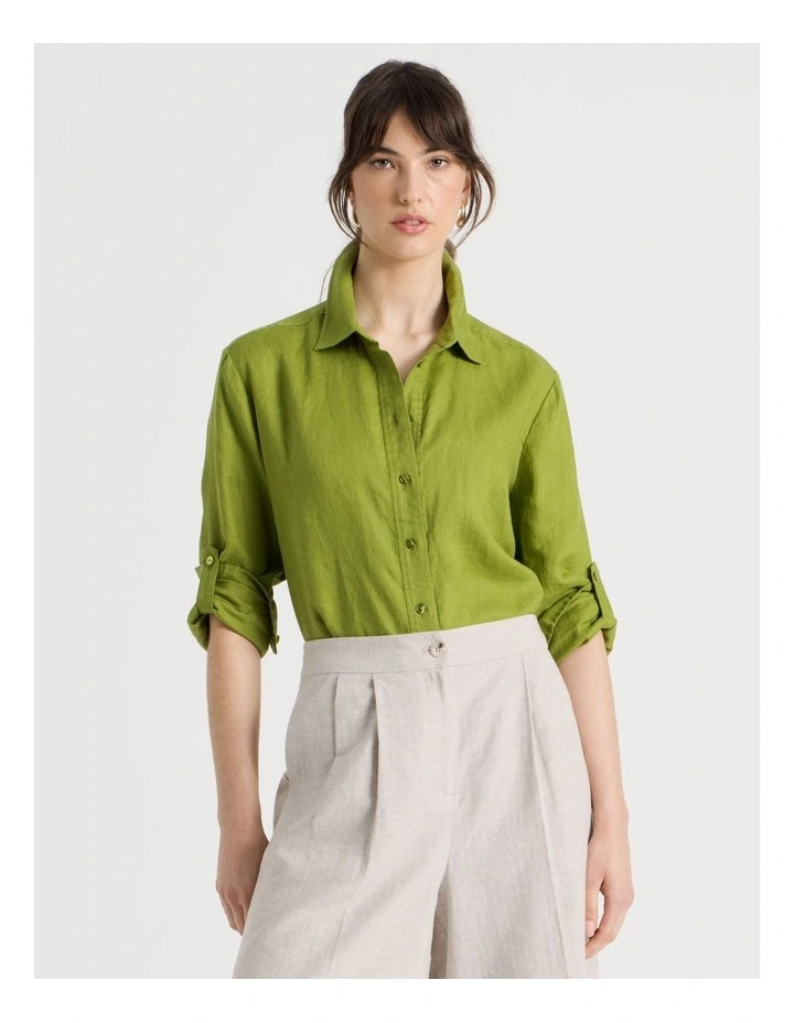 Long Sleeve Linen Shirt in Chartreuse image 3