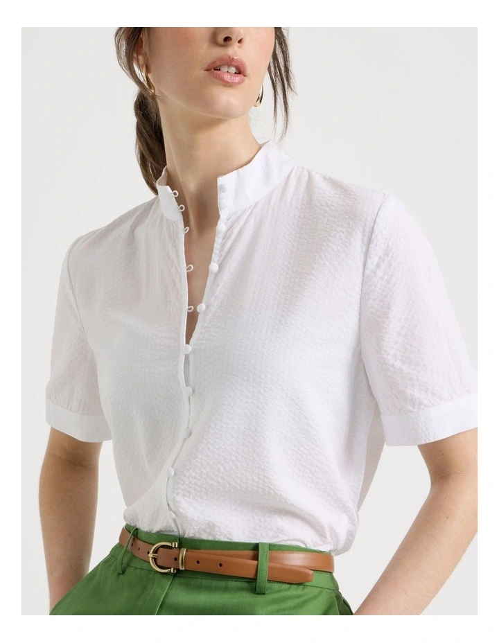 Short Sleeve Self Stripe Shirt in White image 7