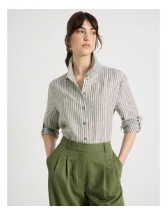Long Sleeve Linen Shirt in Olive and White Stripe