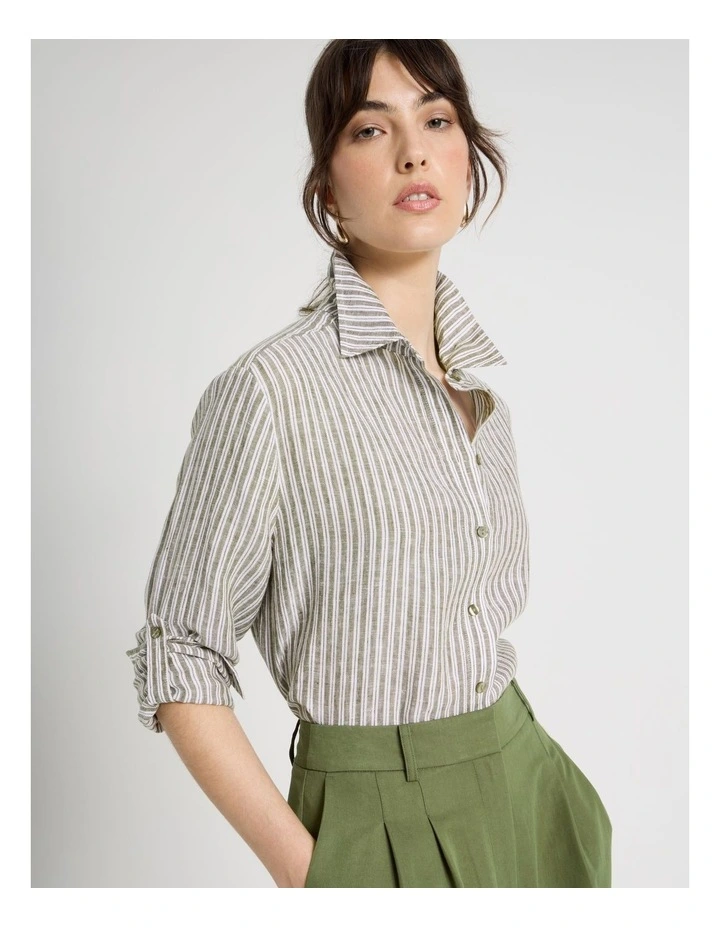 Long Sleeve Linen Shirt in Olive and White Stripe image 2