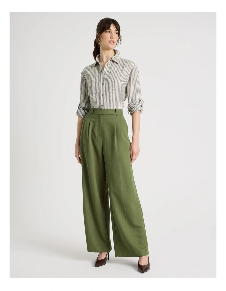 Long Sleeve Linen Shirt in Olive and White Stripe image 3