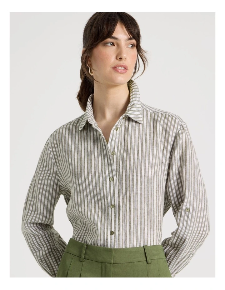 Long Sleeve Linen Shirt in Olive and White Stripe image 4
