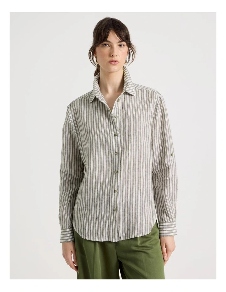 Long Sleeve Linen Shirt in Olive and White Stripe image 5