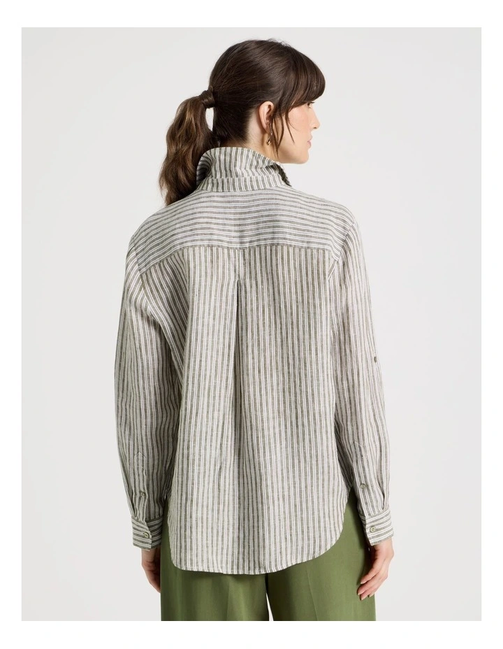 Long Sleeve Linen Shirt in Olive and White Stripe image 6