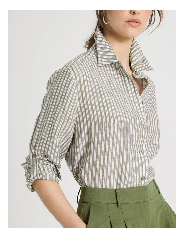 Long Sleeve Linen Shirt in Olive and White Stripe image 7