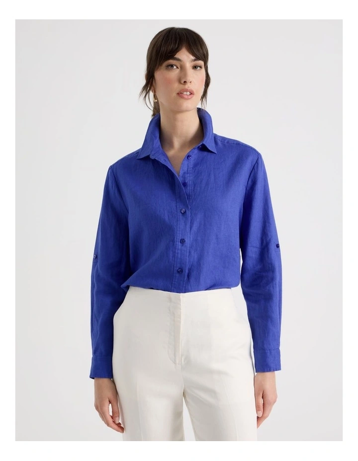 Long Sleeve Linen Shirt in Cobalt image 1