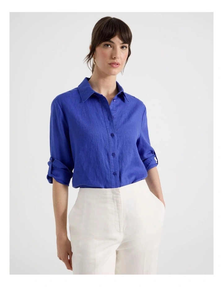 Long Sleeve Linen Shirt in Cobalt image 3