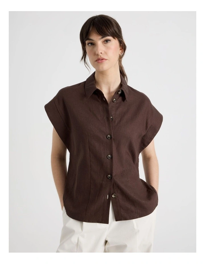 Linen Blend Extended Shoulder Shirt in Dark Brown image 1
