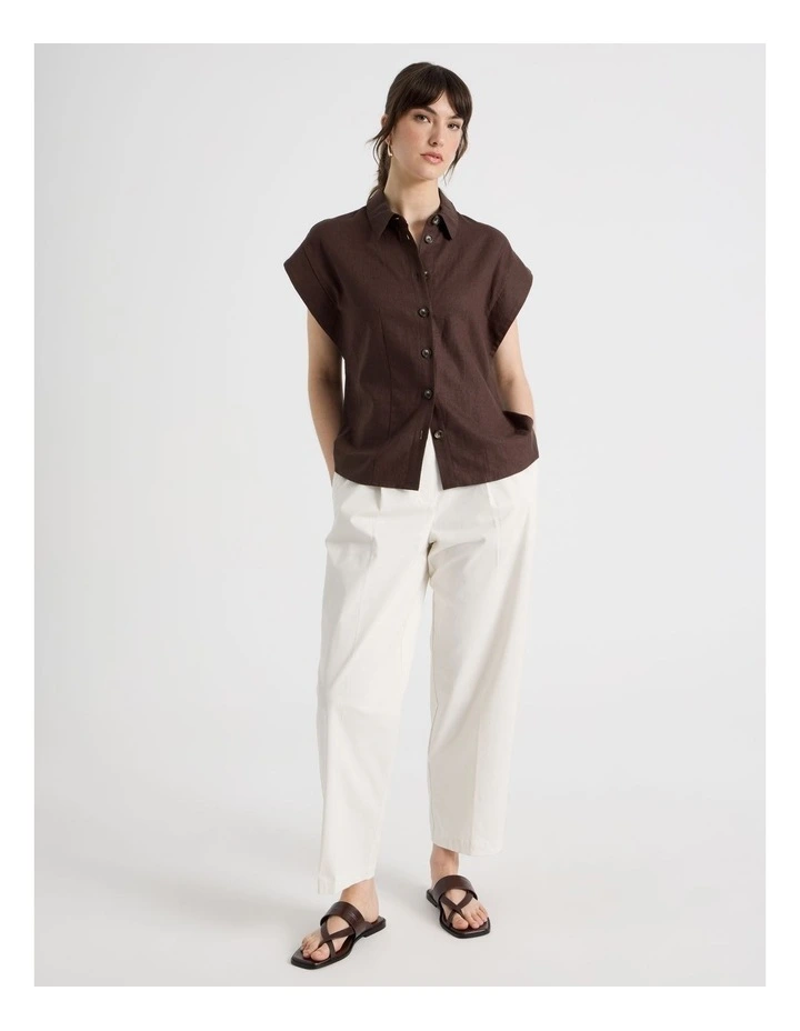 Linen Blend Extended Shoulder Shirt in Dark Brown image 2
