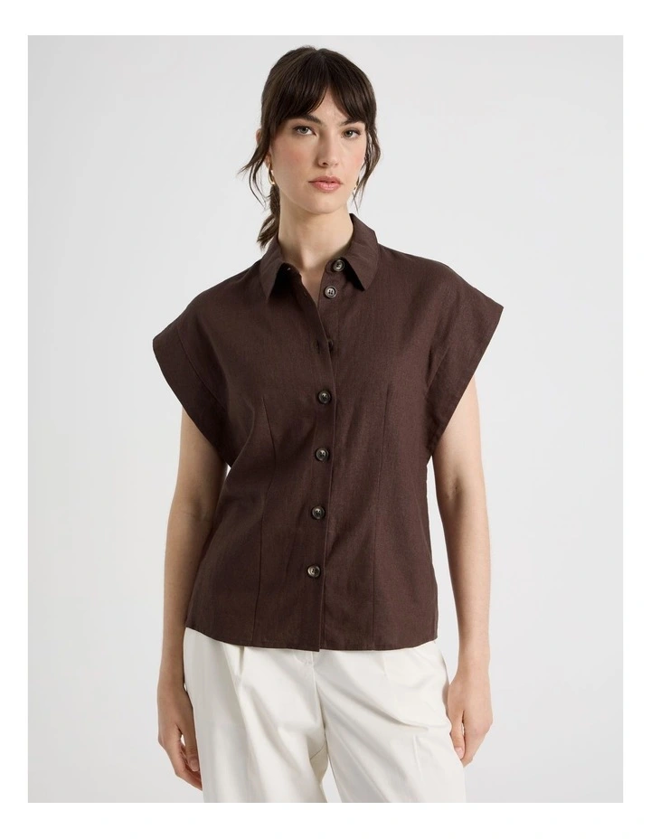 Linen Blend Extended Shoulder Shirt in Dark Brown image 4