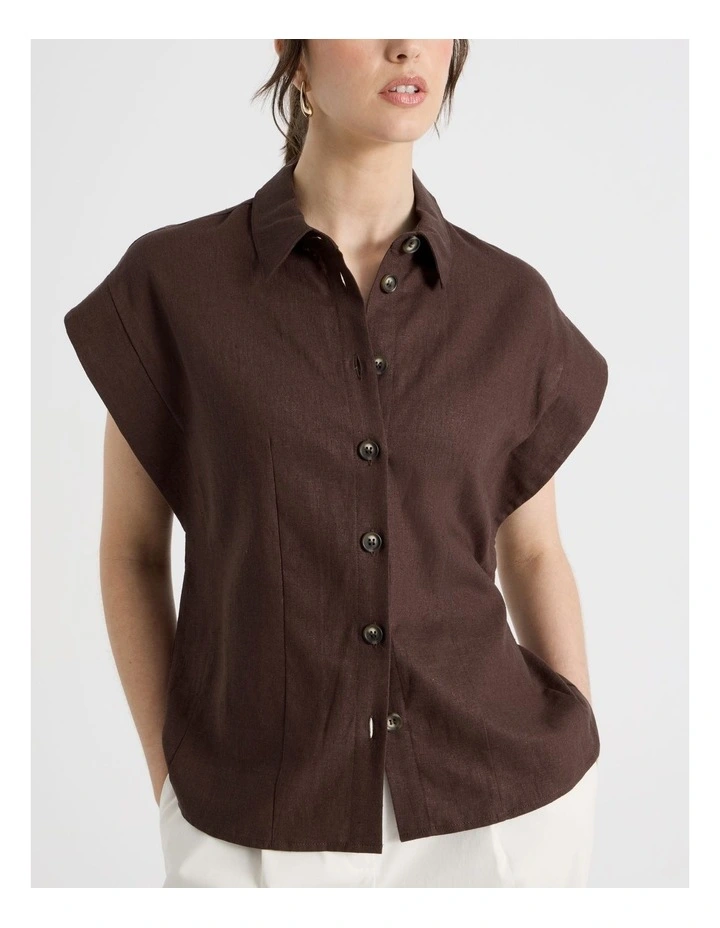 Linen Blend Extended Shoulder Shirt in Dark Brown image 6