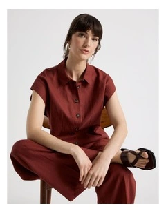 Linen Blend Extended Shoulder Shirt in Wine