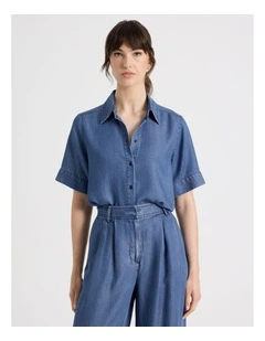 Short Sleeve Boxy Chambray Shirt in Blue