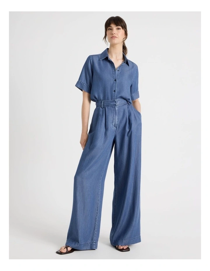 Short Sleeve Boxy Chambray Shirt in Blue image 2