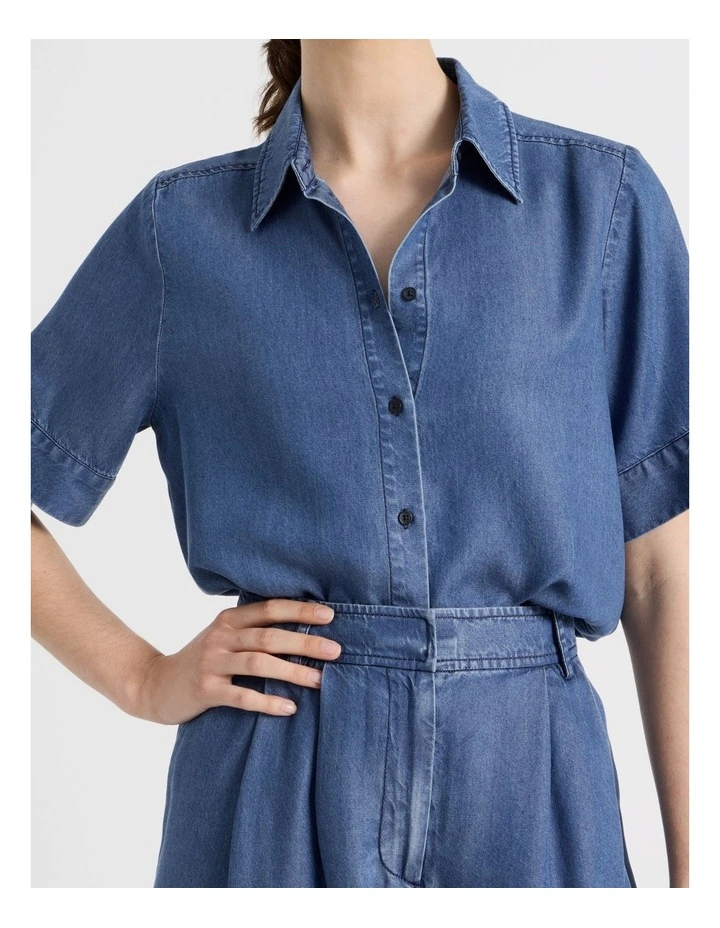 Short Sleeve Boxy Chambray Shirt in Blue image 7