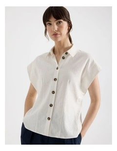 Linen Blend Extended Shoulder Shirt in White