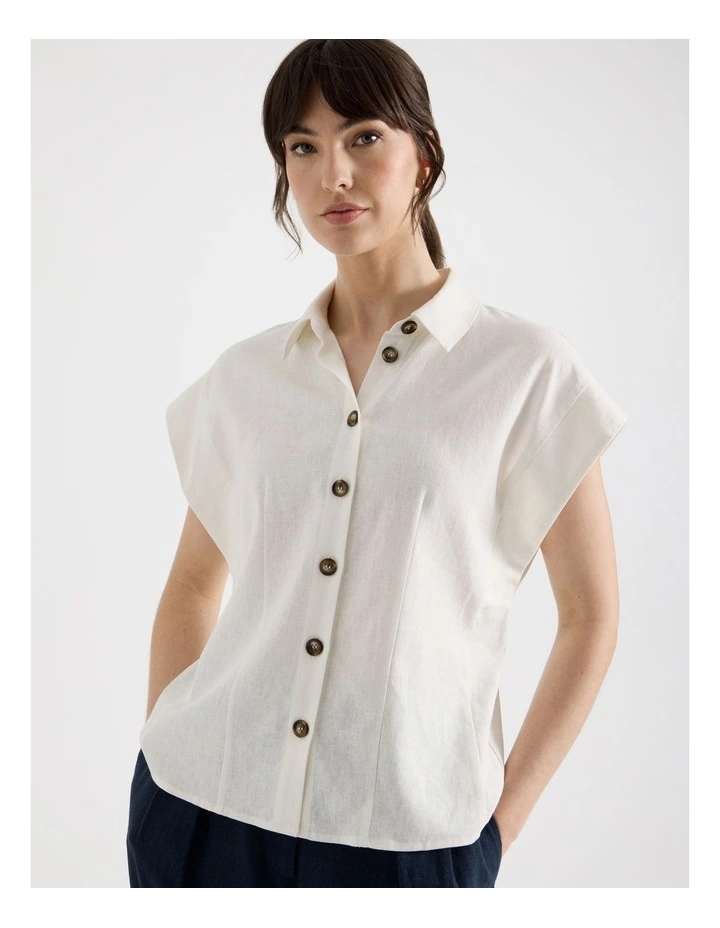Linen Blend Extended Shoulder Shirt in White image 1