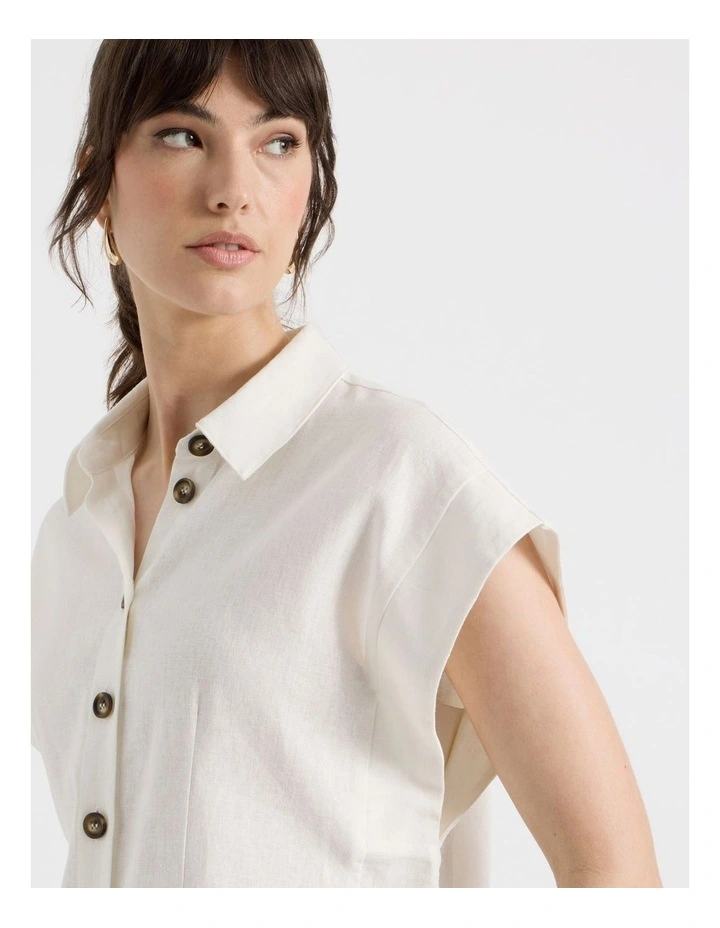 Linen Blend Extended Shoulder Shirt in White image 3