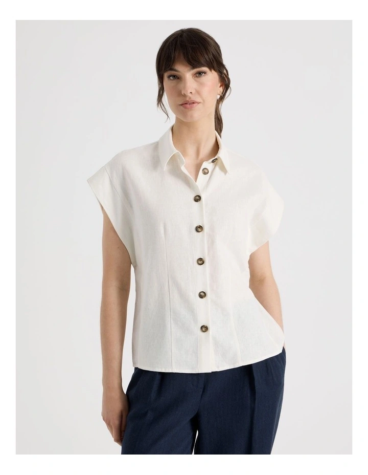 Linen Blend Extended Shoulder Shirt in White image 4