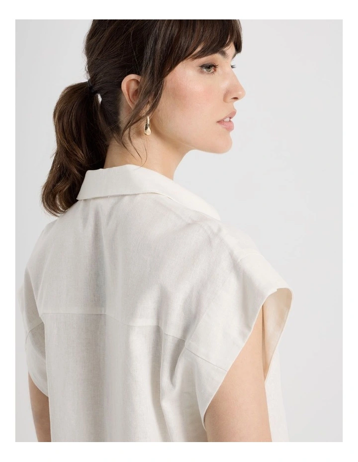 Linen Blend Extended Shoulder Shirt in White image 6