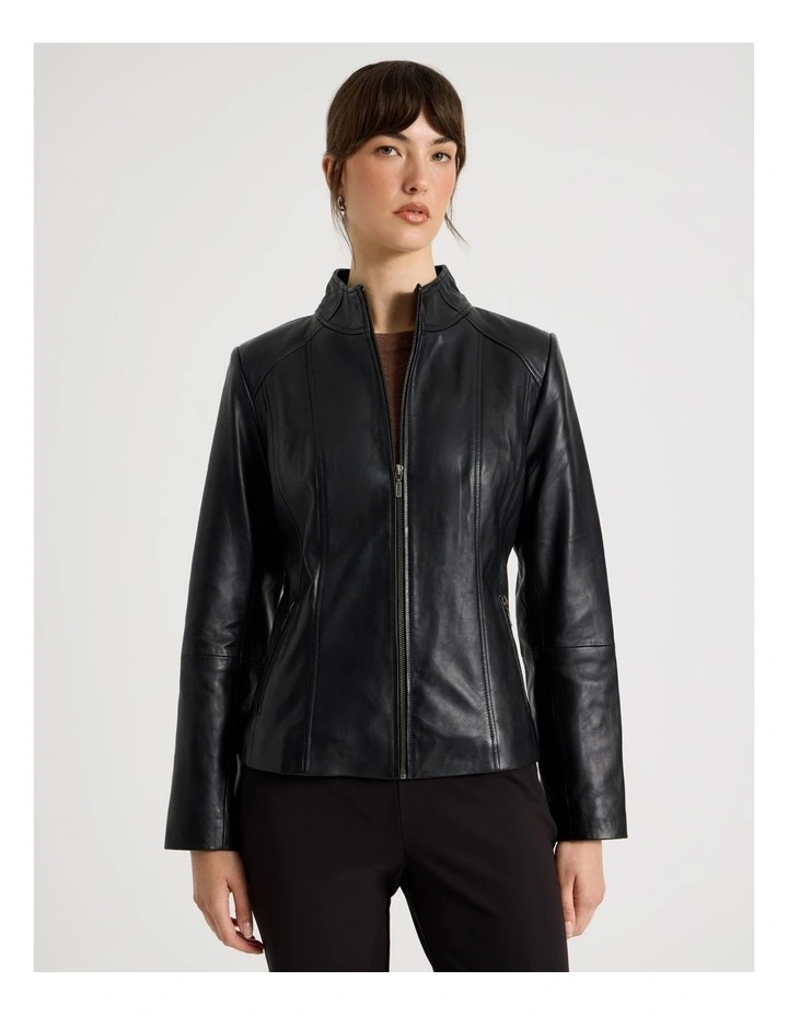 High Collar Leather Jacket in Black image 1