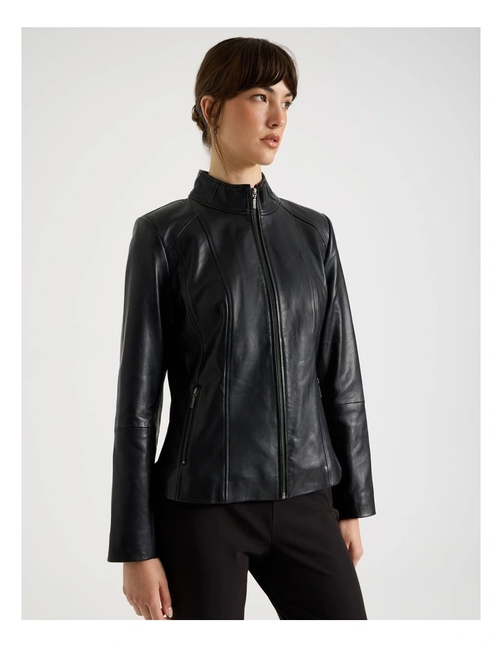High Collar Leather Jacket in Black image 3