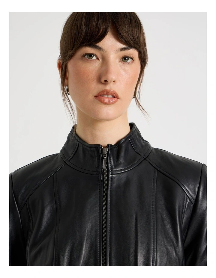High Collar Leather Jacket in Black image 4