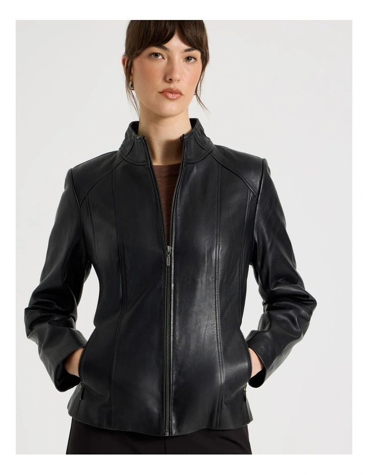 High Collar Leather Jacket in Black image 5