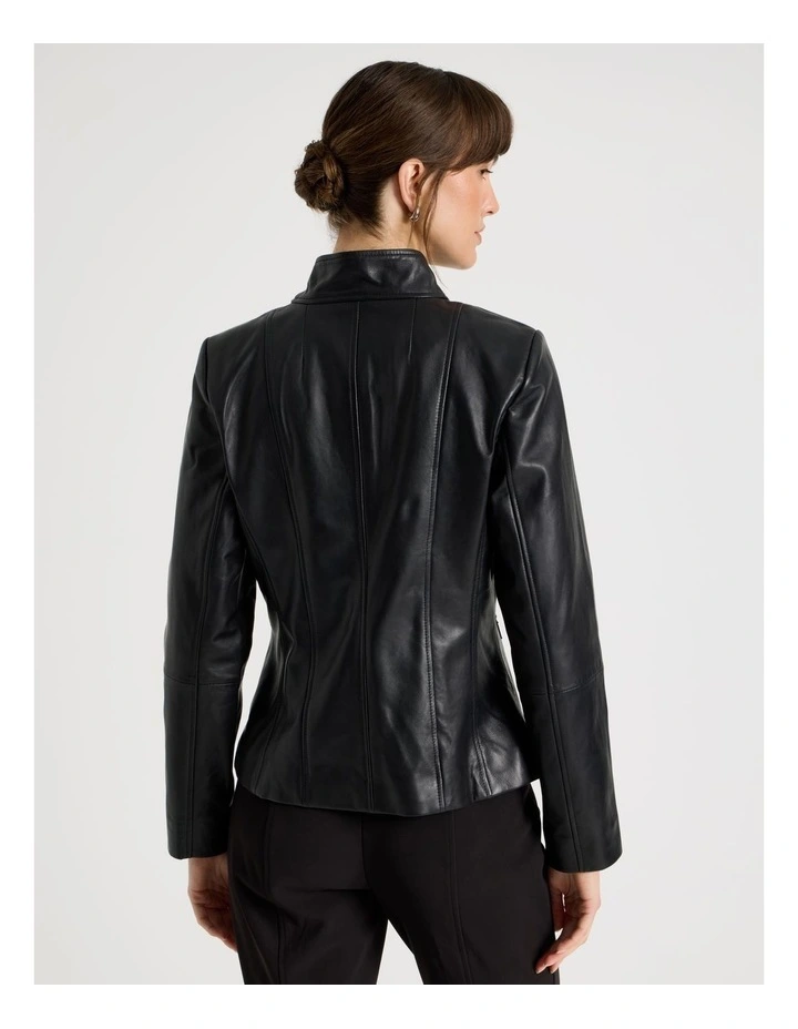 High Collar Leather Jacket in Black image 6