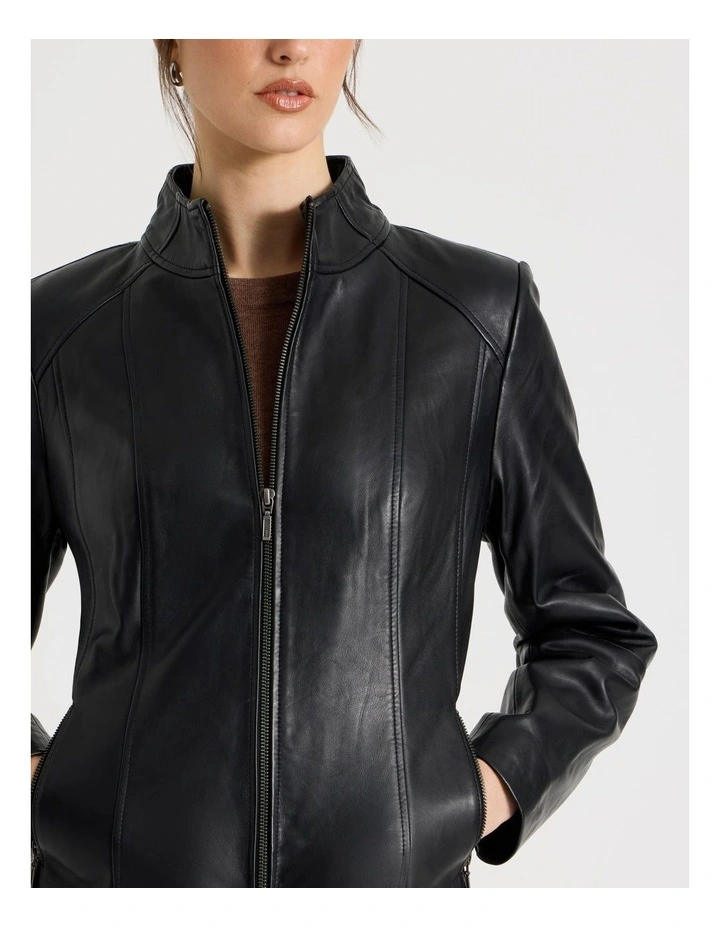 High Collar Leather Jacket in Black image 7