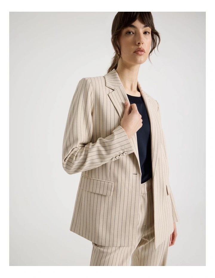 Single Breasted Pinstripe Drape Blazer in Stone image 2