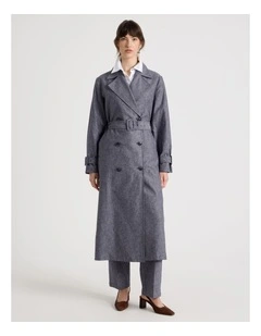 Cross Hatch Linen Blend Trench in Denim