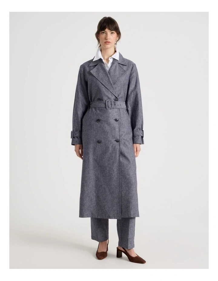 Cross Hatch Linen Blend Trench in Denim image 1