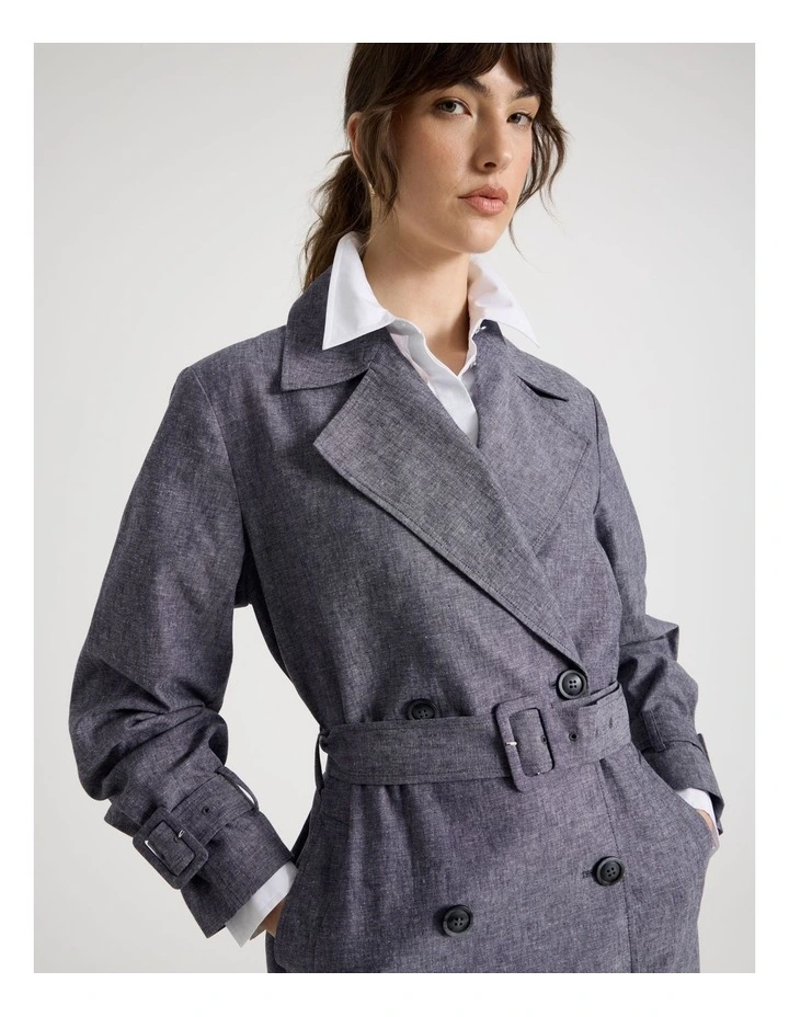 Cross Hatch Linen Blend Trench in Denim image 2