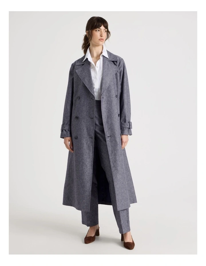 Cross Hatch Linen Blend Trench in Denim image 3