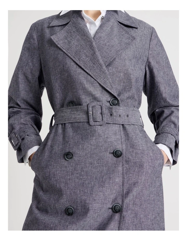 Cross Hatch Linen Blend Trench in Denim image 4