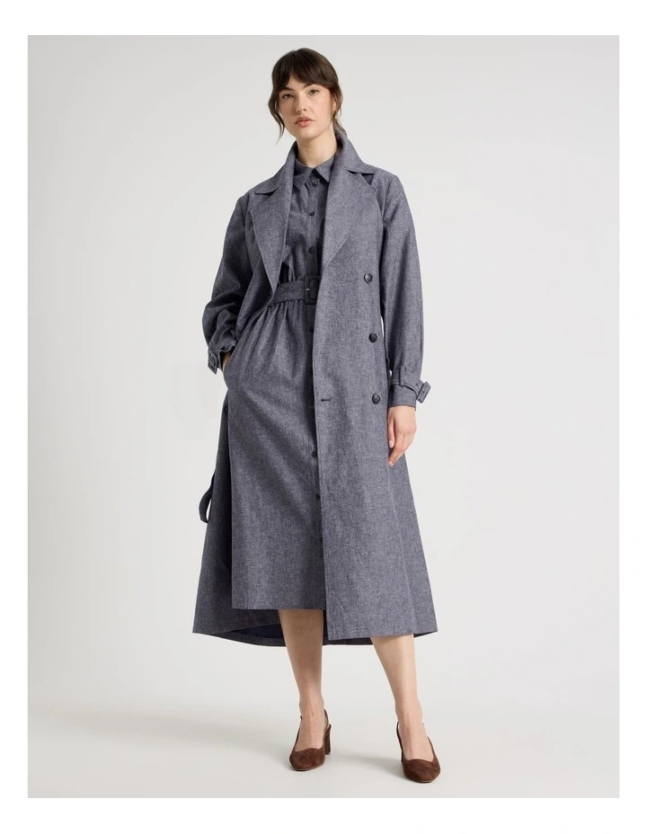 Cross Hatch Linen Blend Trench in Denim image 7
