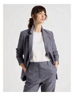 Cross Hatch Linen Blend Single Breasted Blazer in Denim