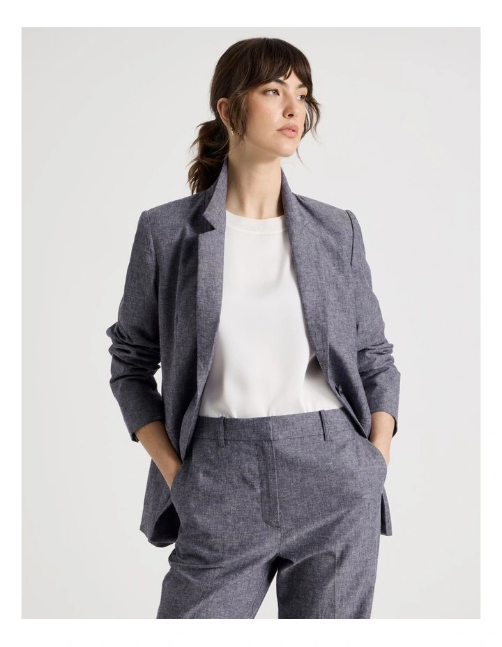 Cross Hatch Linen Blend Single Breasted Blazer in Denim image 1
