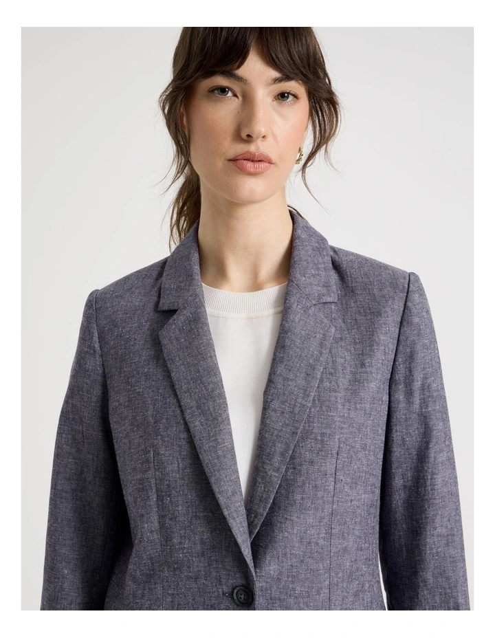 Cross Hatch Linen Blend Single Breasted Blazer in Denim image 3
