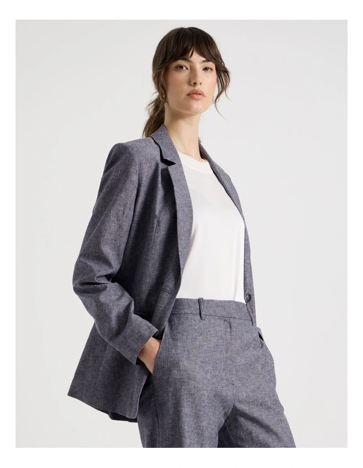 Cross Hatch Linen Blend Single Breasted Blazer in Denim image 4