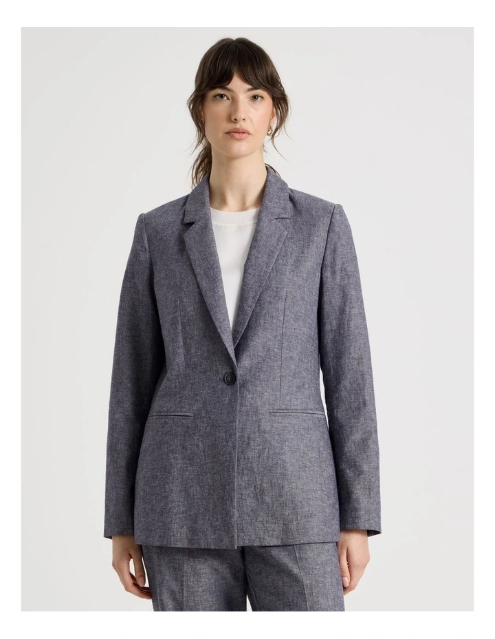 Cross Hatch Linen Blend Single Breasted Blazer in Denim image 5