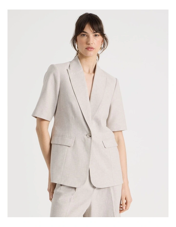 Short Sleeve Herringbone Blazer in Beige image 1