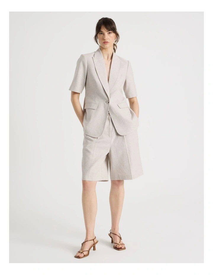 Short Sleeve Herringbone Blazer in Beige image 2